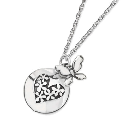 Silver pendant with butterfly and engraved heart on silver chain