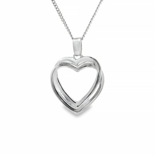 A silver pendant featuring two entangled heart shapes