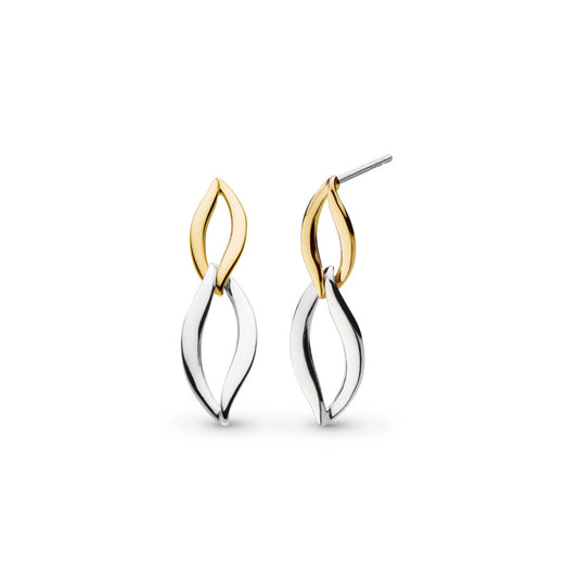 Drop earrings featuring linked marquis twists in silver and gold