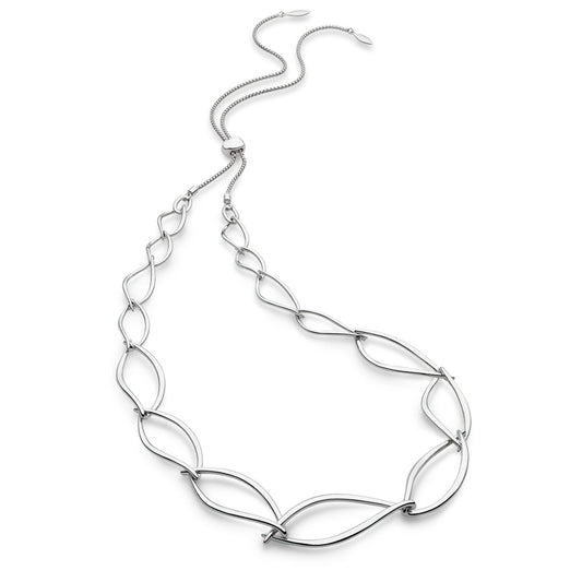 A necklace of silver links in a simple twist marquise shapes with a toggle clasp
