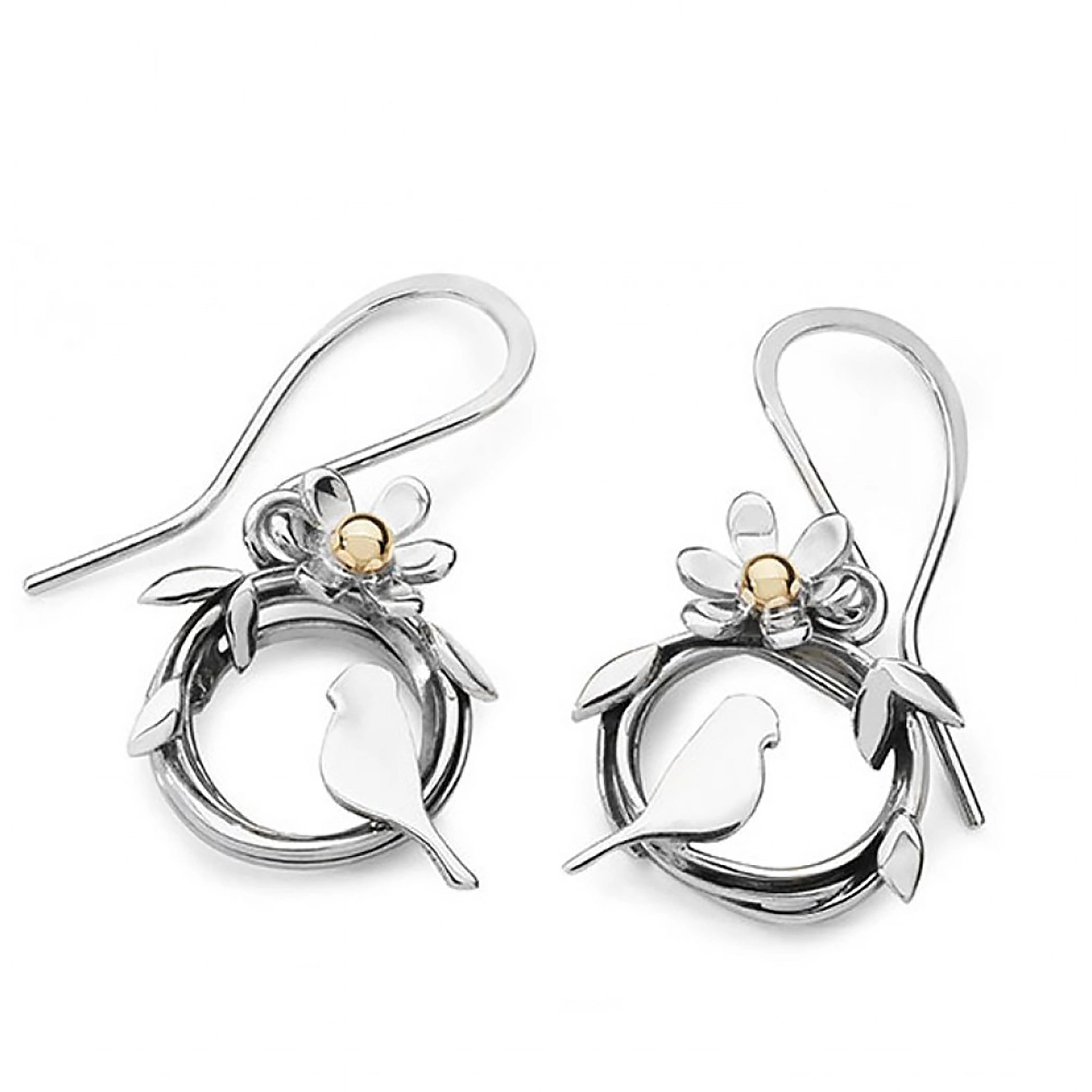 Pair of round silver bird nest earrings with bird & leaf design and a flower with a gold centre on hook fittings