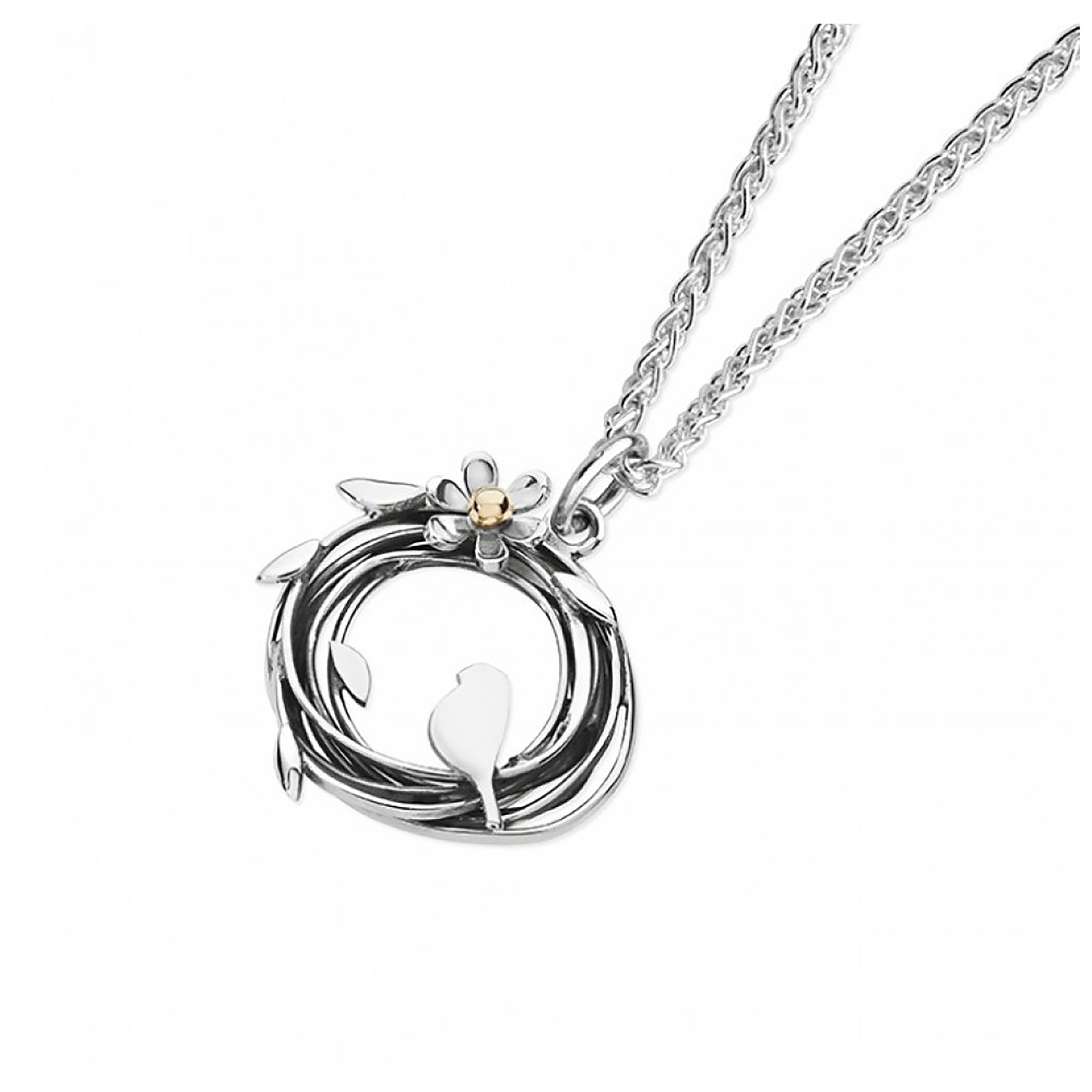Round silver bird nest pendant with bird & leaf design and a flower with a gold centre on silver chain