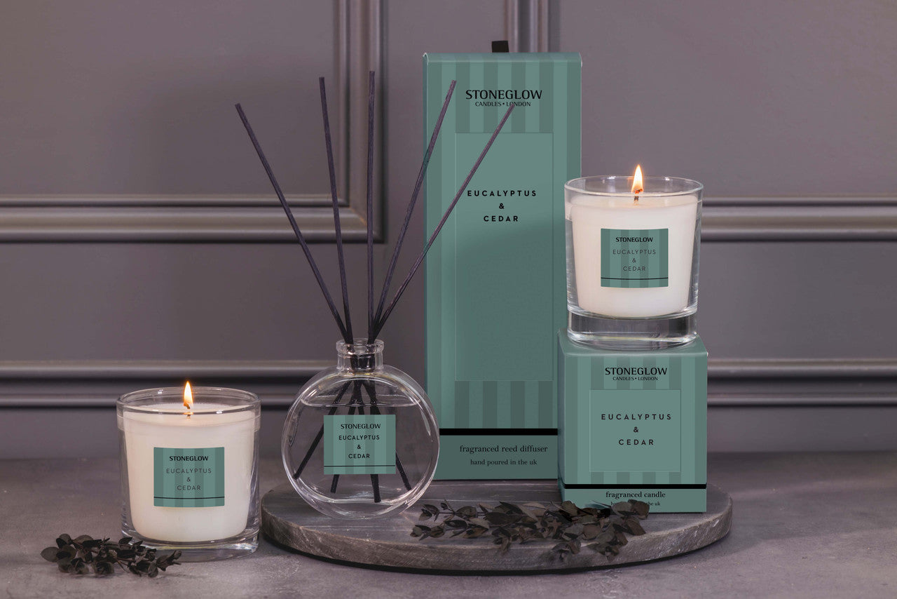 Stoneglow Eucalyprus & Cedar collection with green striped packaging