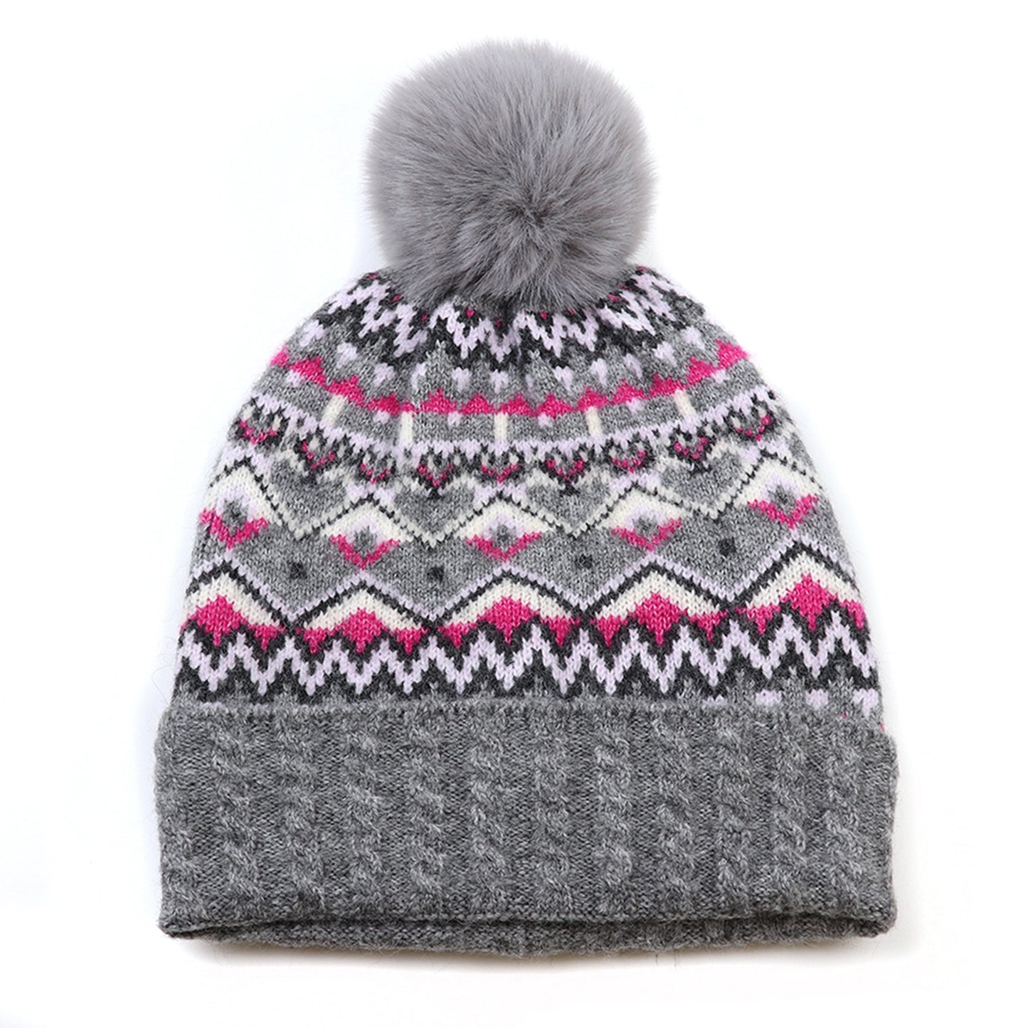 Knitted fair isle patterned hat in grey and pink with faux fur pompom and cable knit turn up