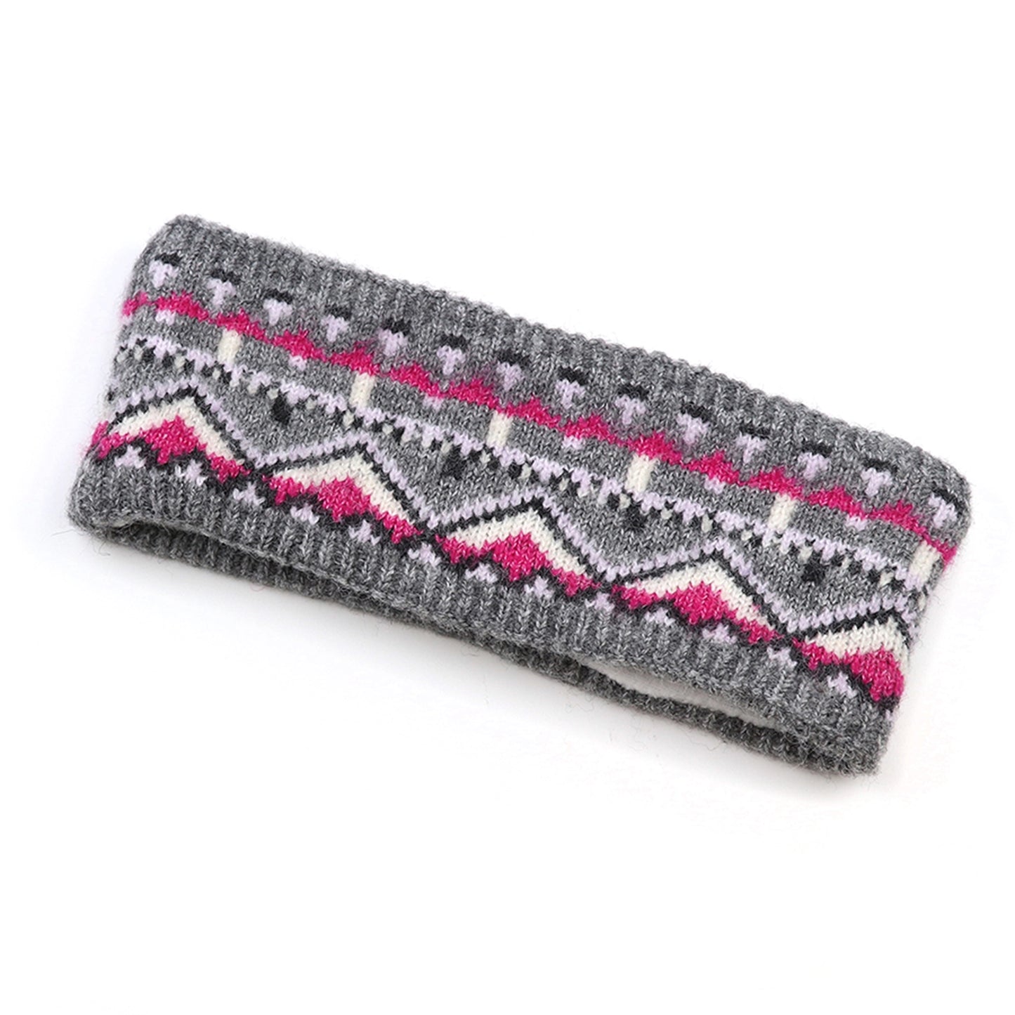 Knitted fair isle patterned headband in grey and pink