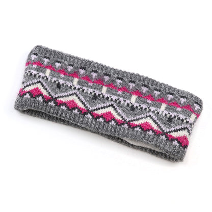 Knitted fair isle patterned headband in grey and pink