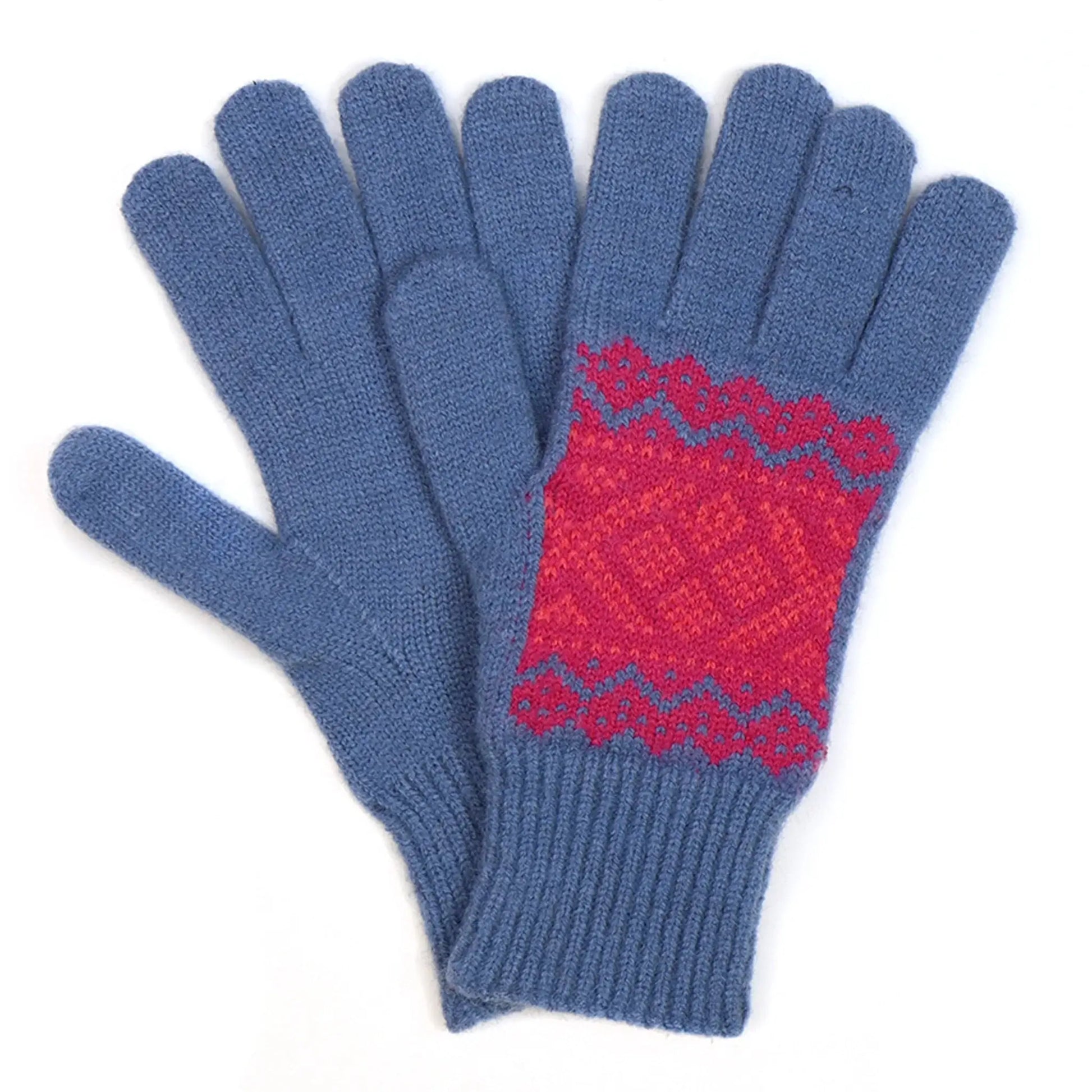 Blue knitted gloves with a red/pink fair isle style pattern