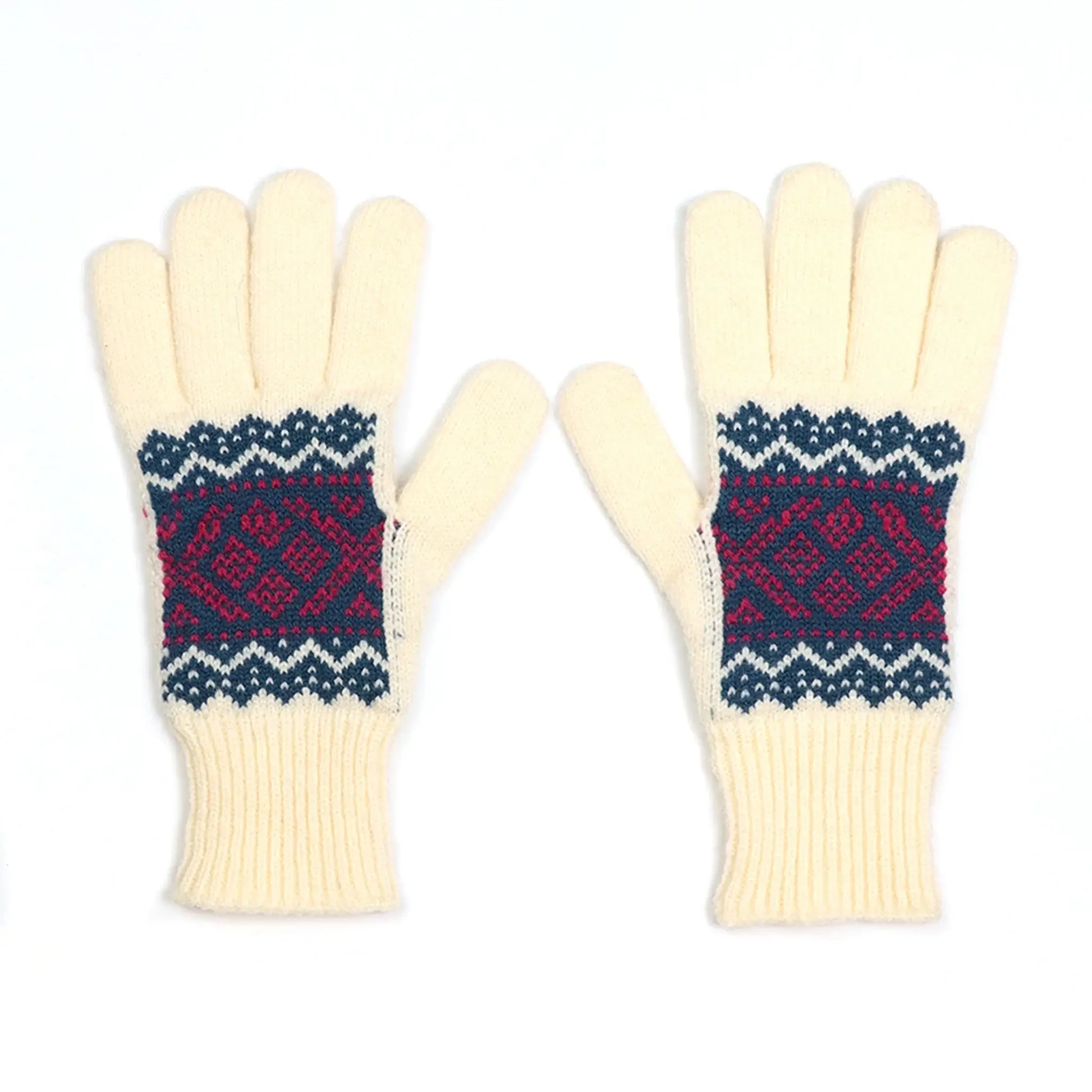 Cream knitted gloves with a red/blue fair isle style pattern