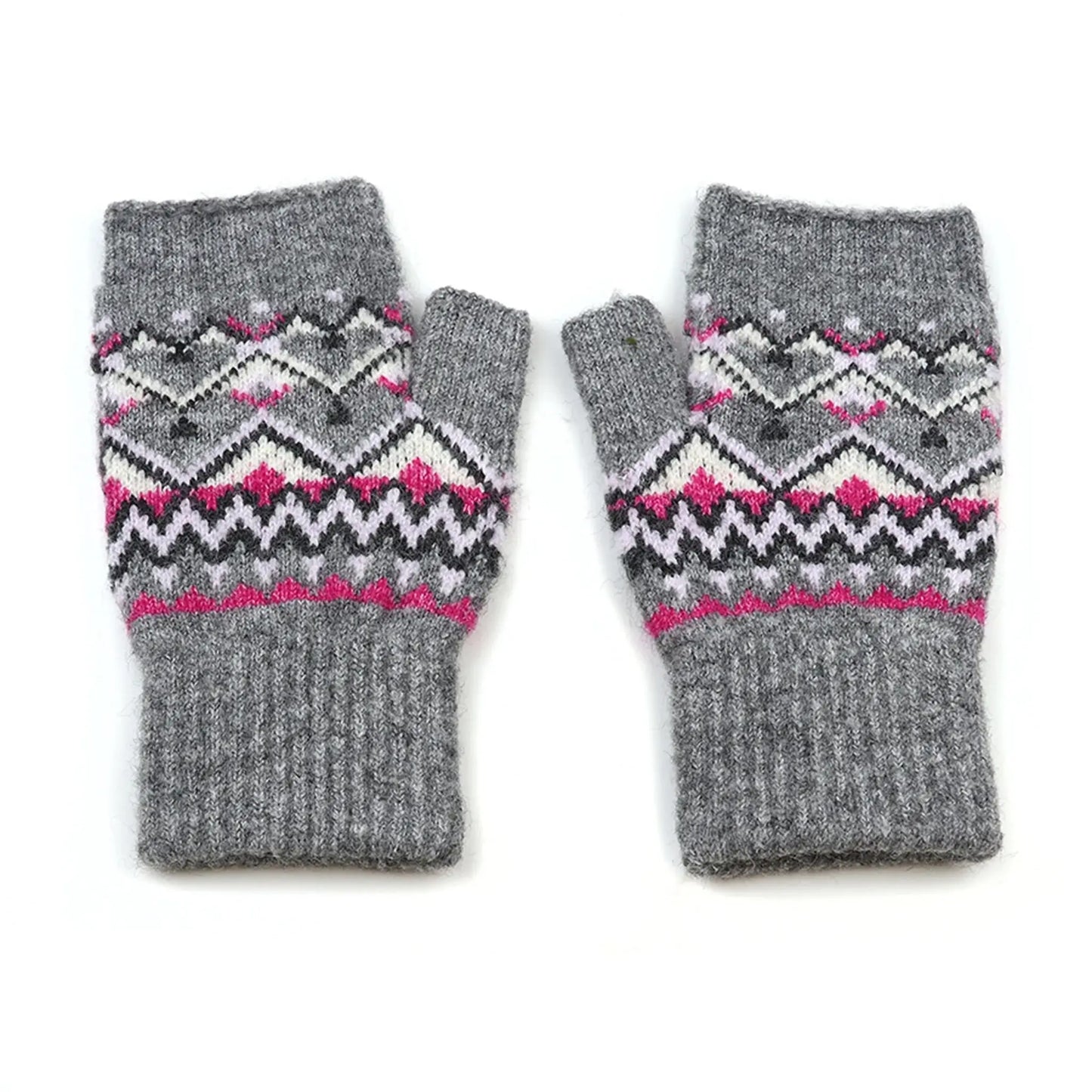 Pair of grey fingerless gloves with fair isle patterns in pink