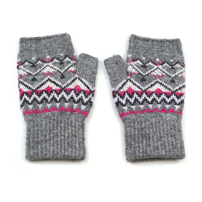 Pair of grey fingerless gloves with fair isle patterns in pink