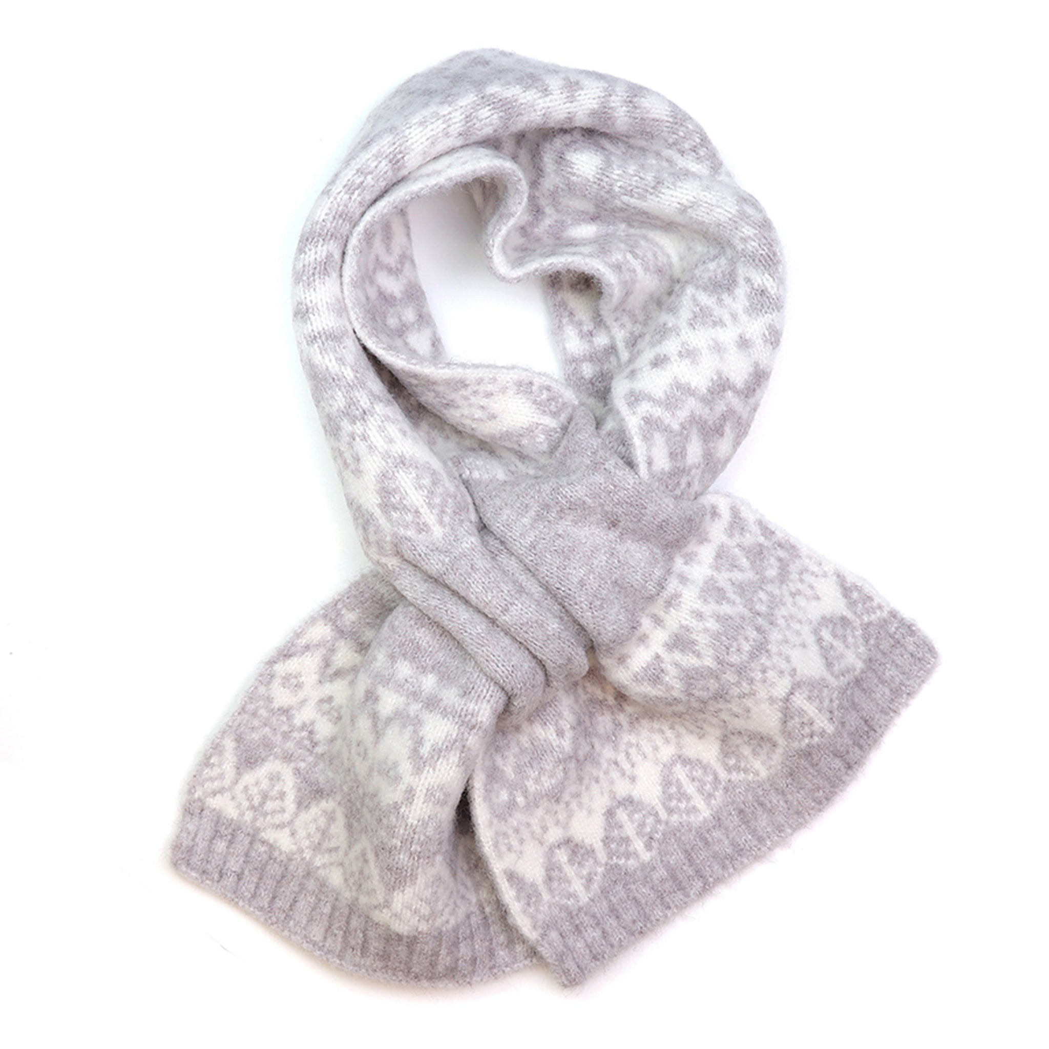 Pale grey and white fair isle patterned pull through scarf