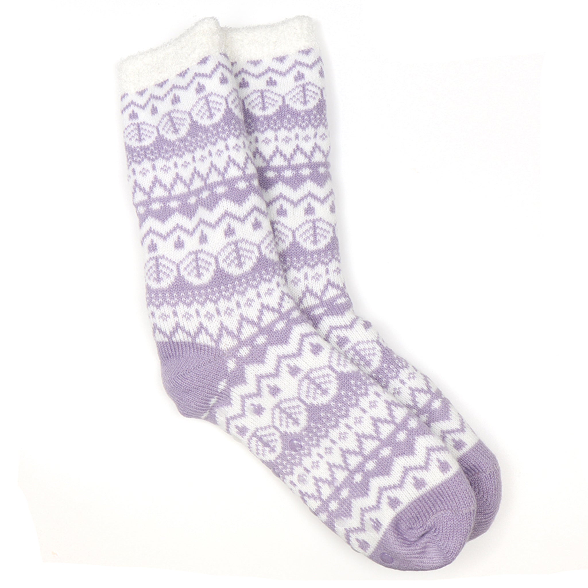 A pair of slipper socks with a lilac purple and white fair isle pattern