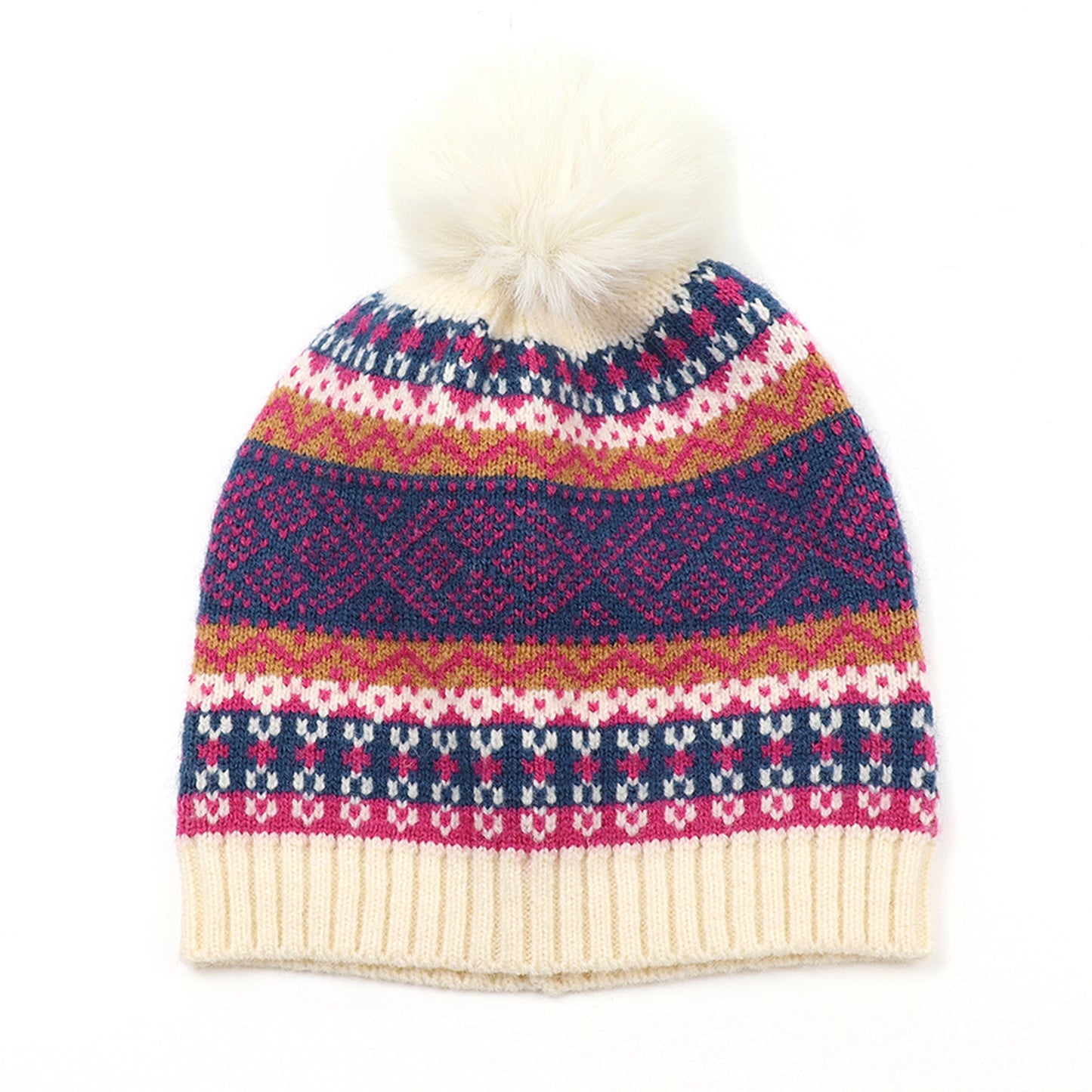 A knitted hat with fair isle pattern in cream, blue and pink and a faux fur pompom