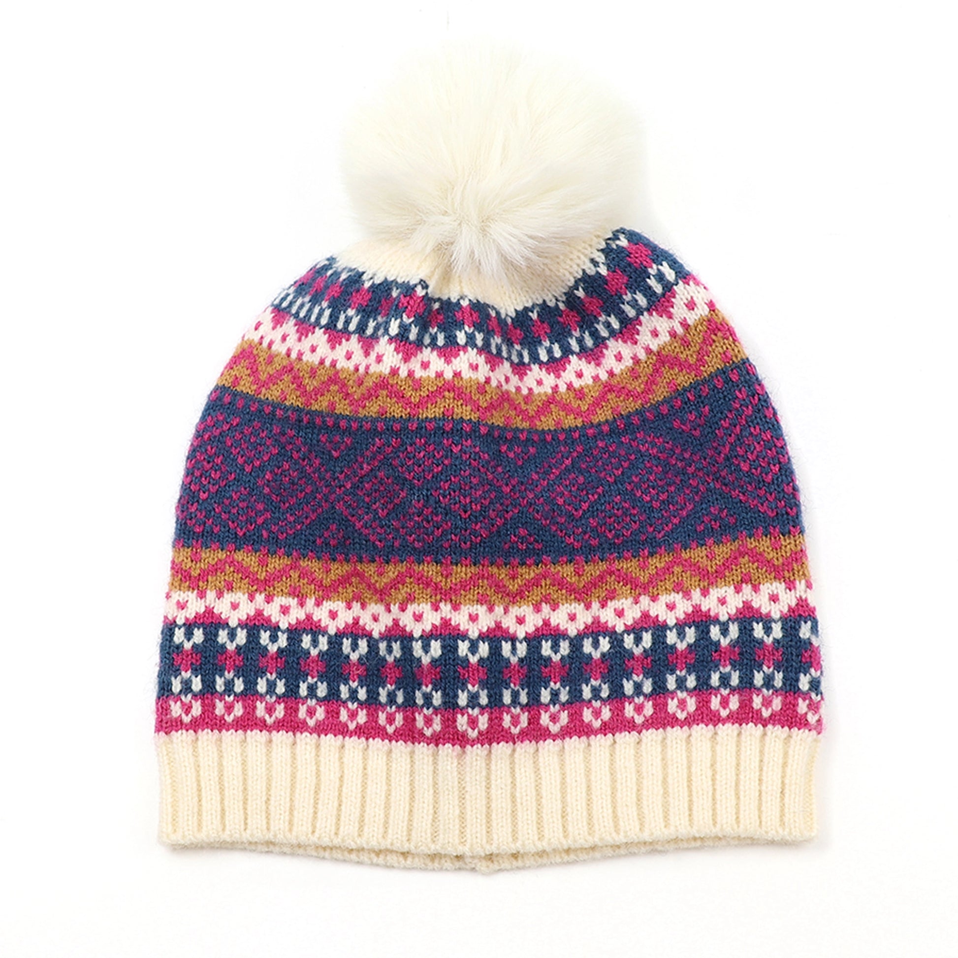 A knitted hat with fair isle pattern in cream, blue and pink and a faux fur pompom