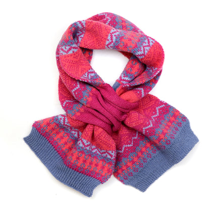 Bright pink and blue knitted pull through scarf with fair isle pattern