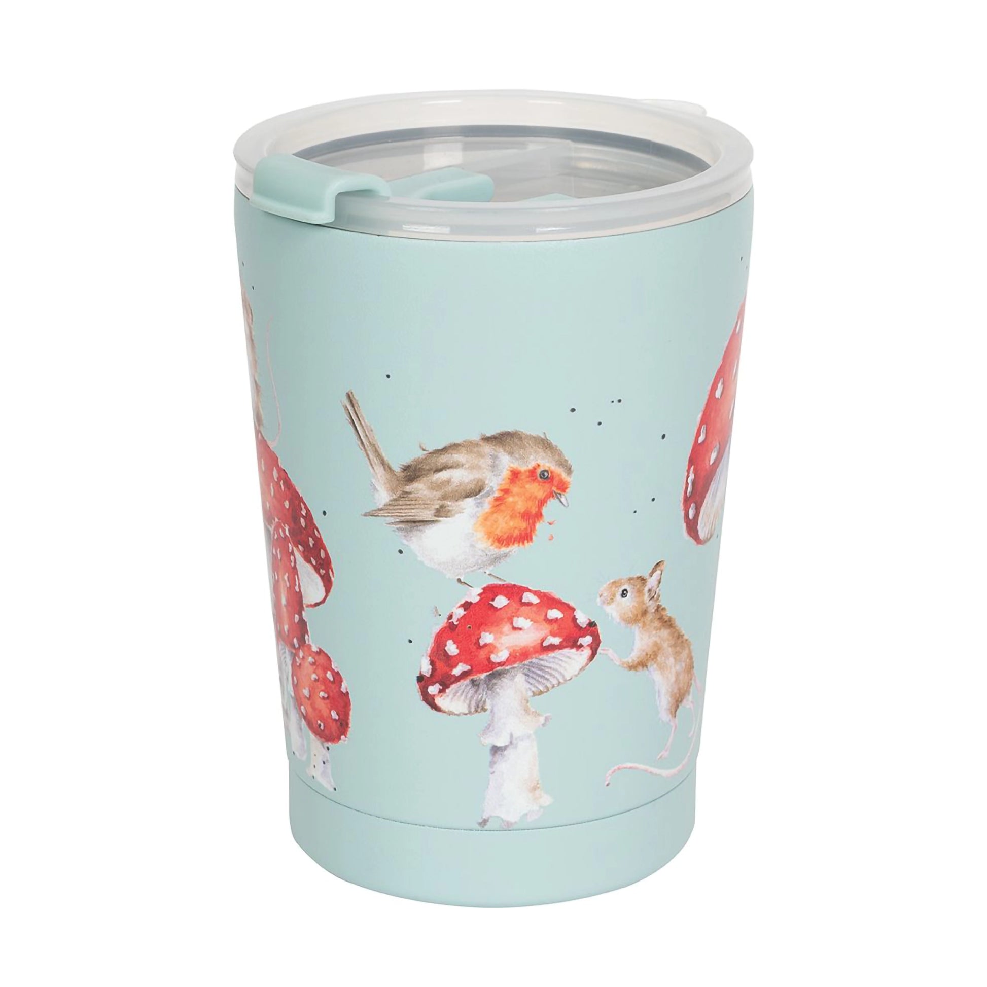 A blue thermal cup featuring a design of red toadstools with woodland creatures on them