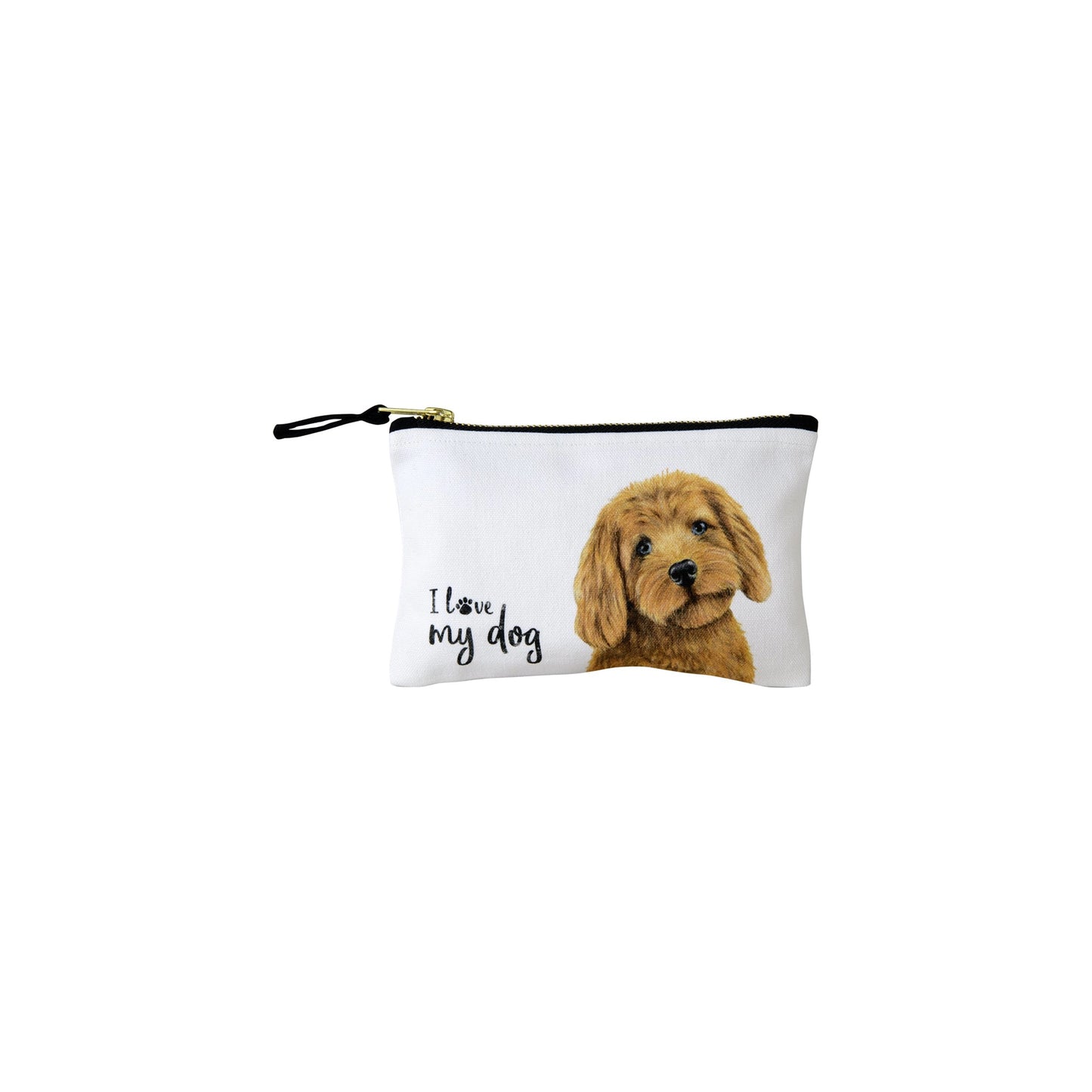 A cotton canvas zip bag with farm dog illustration that says 'i love my dog'