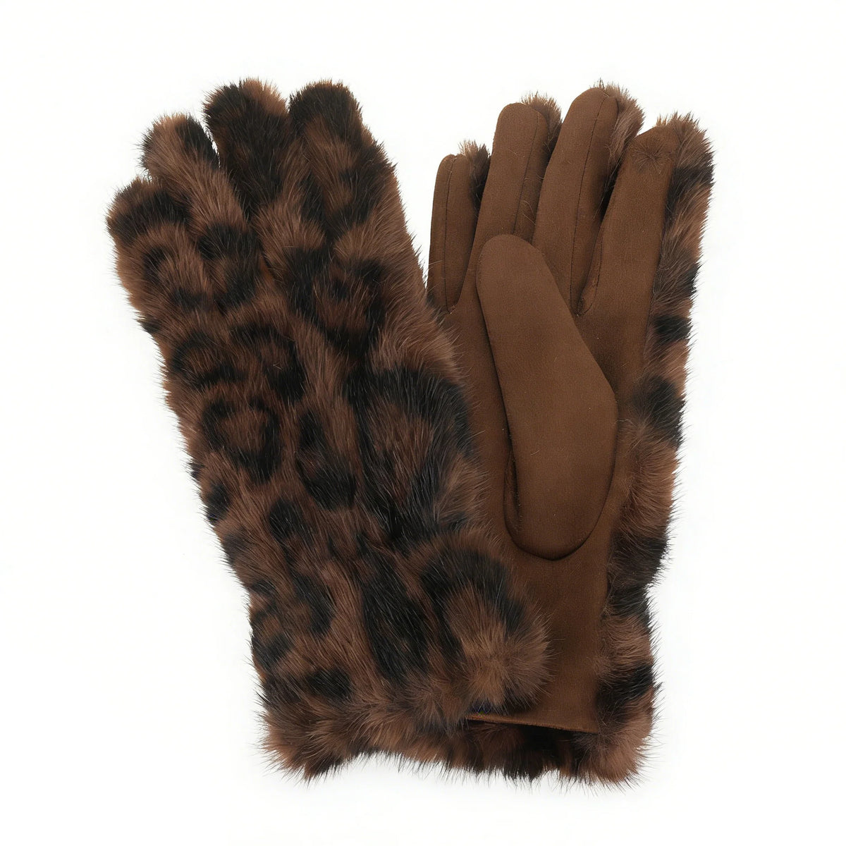 Faux Fur Gloves | Brown Leopard Print