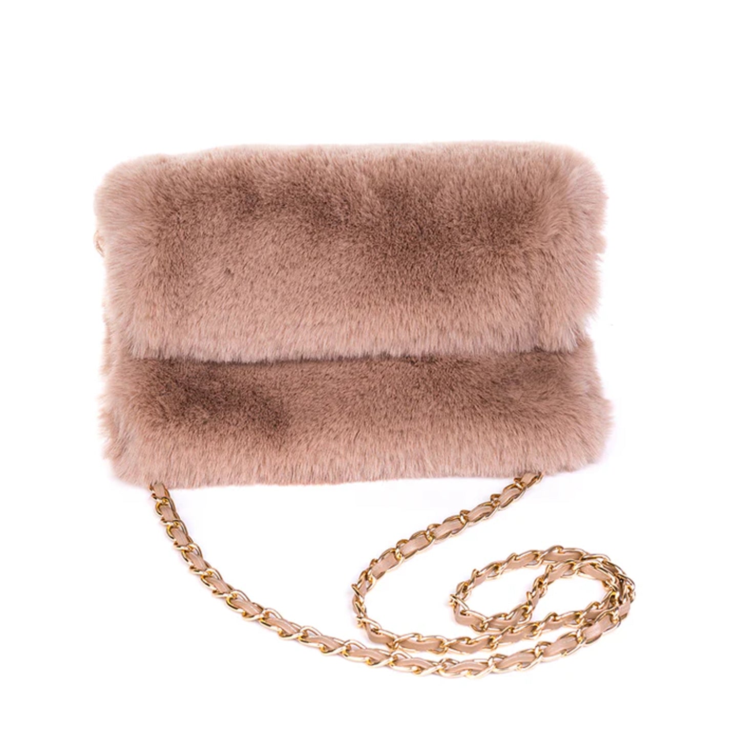 A faux fur bag in cappuccino brown with gold chain shoulder strap