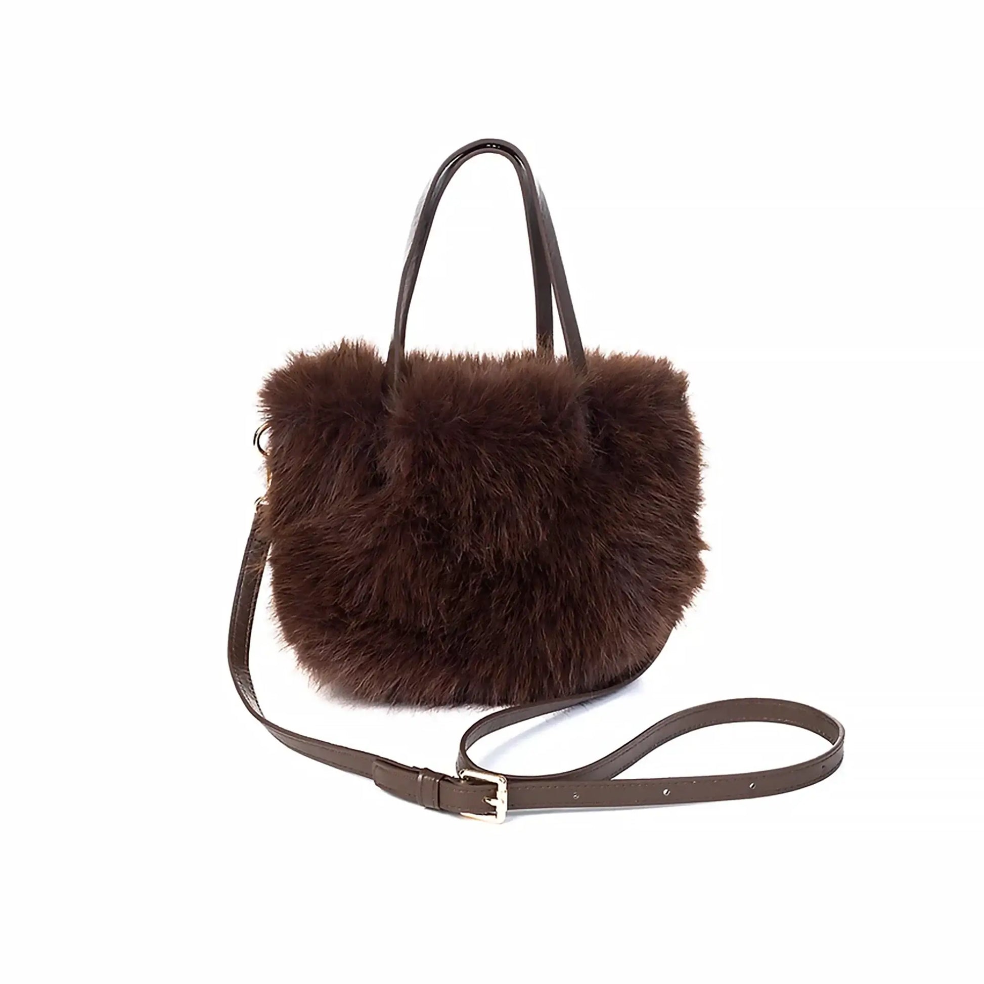 A faux fur bag with faux leather handles and crossbody strap in a dark brown colour