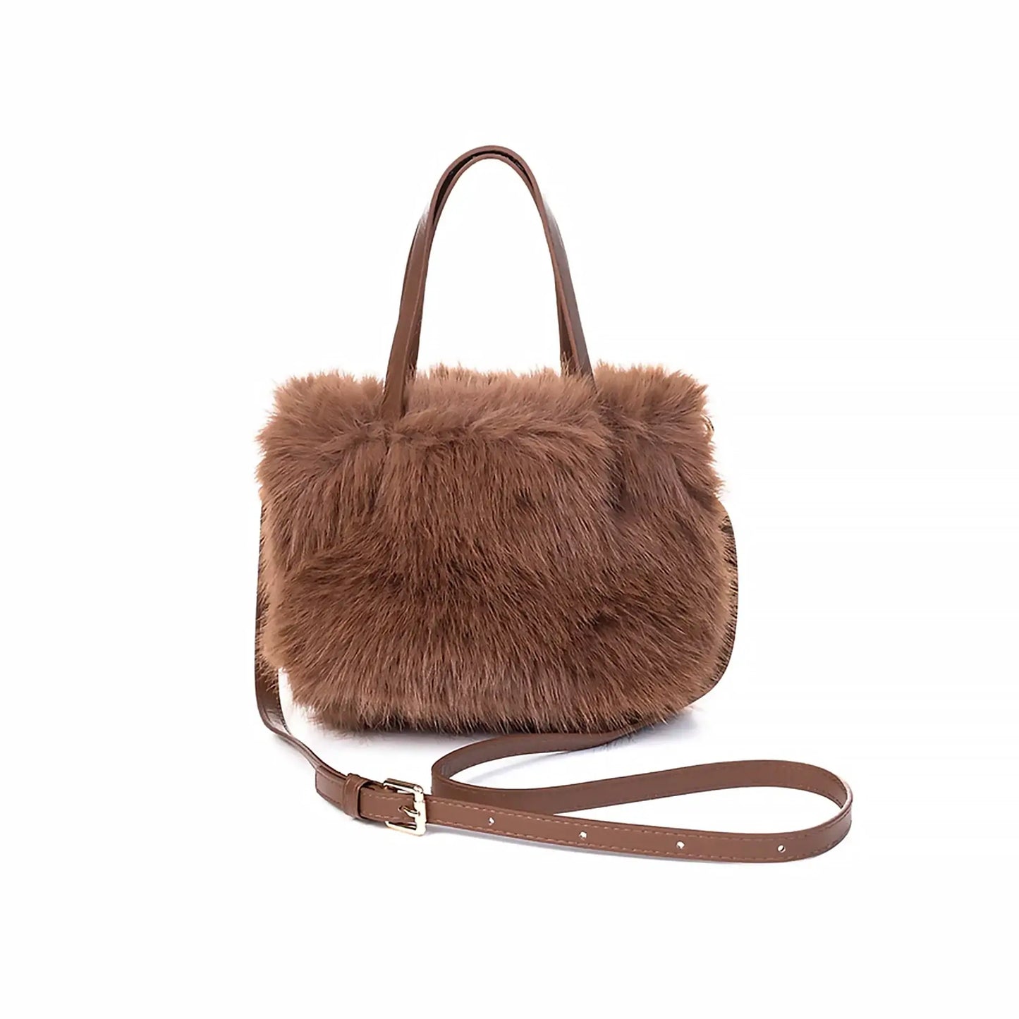A faux fur bag with faux leather handles and crossbody strap in a brown colour