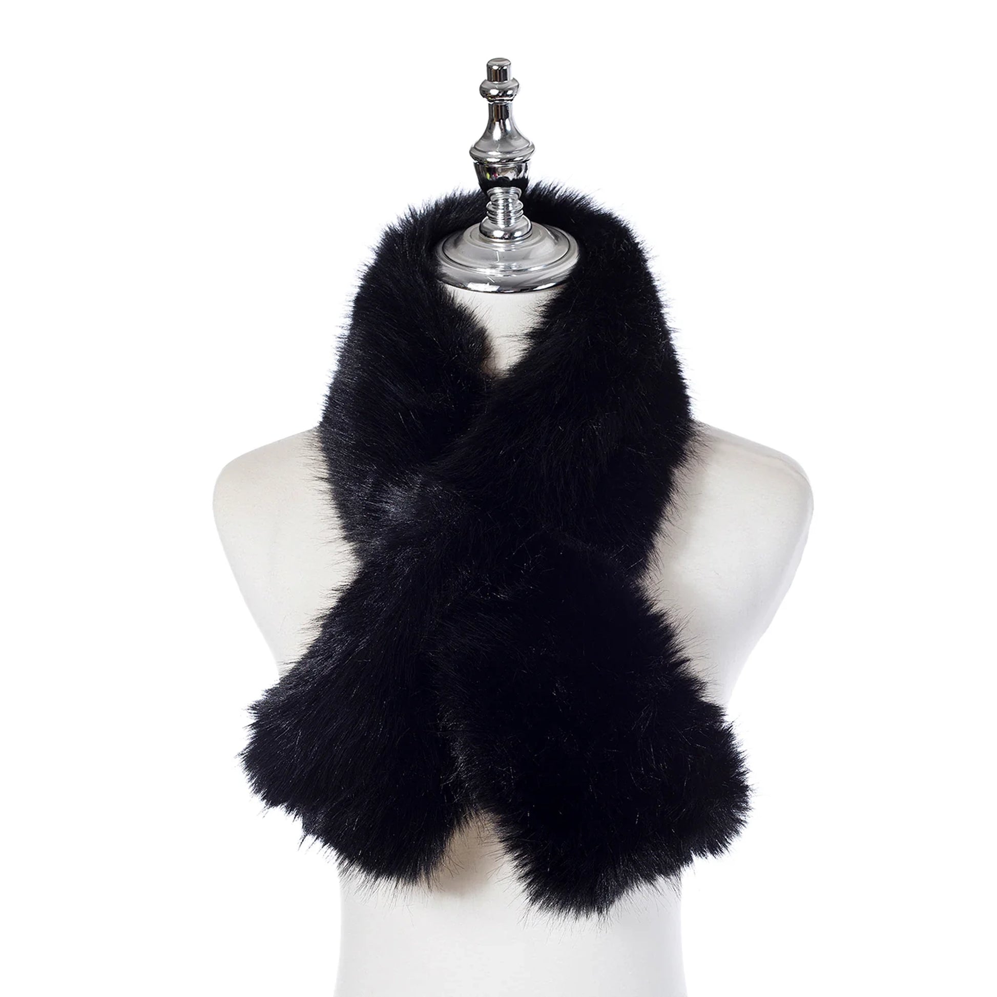 Faux fur pull-through scarf in a black colour
