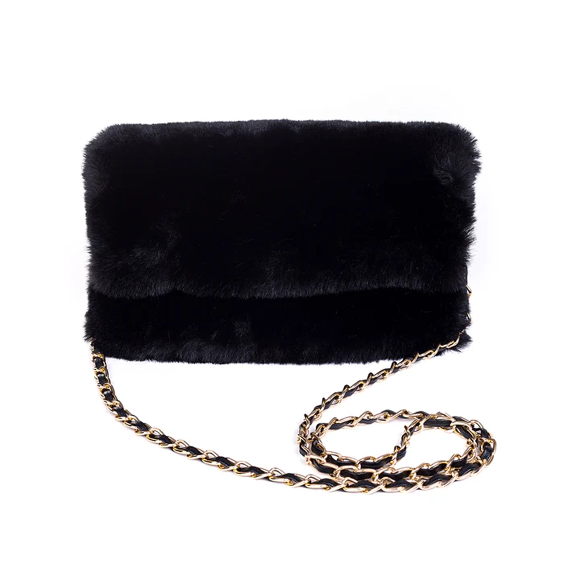 Faux fur black shoulder bag in black with gold chain strap