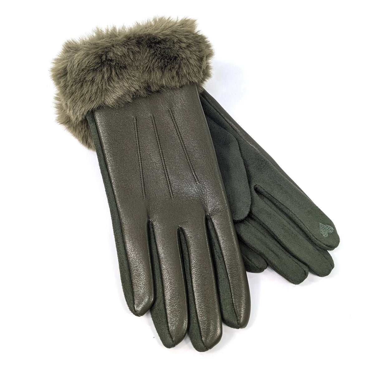 Faux Leather & Fur Gloves | Dark Green
