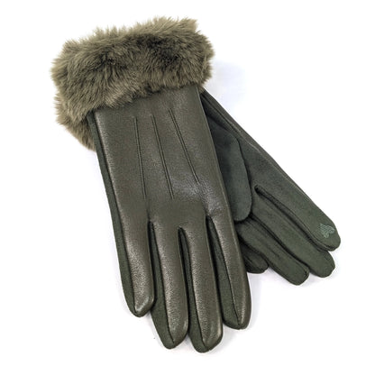 Faux Leather & Fur Gloves | Dark Green
