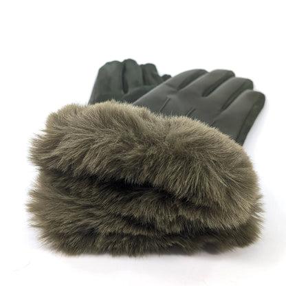 Faux Leather & Fur Gloves | Dark Green