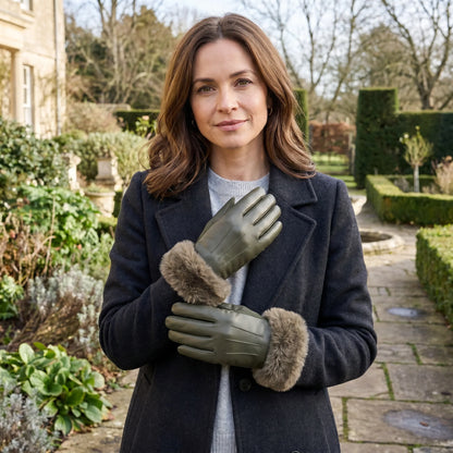 Faux Leather & Fur Gloves | Dark Green