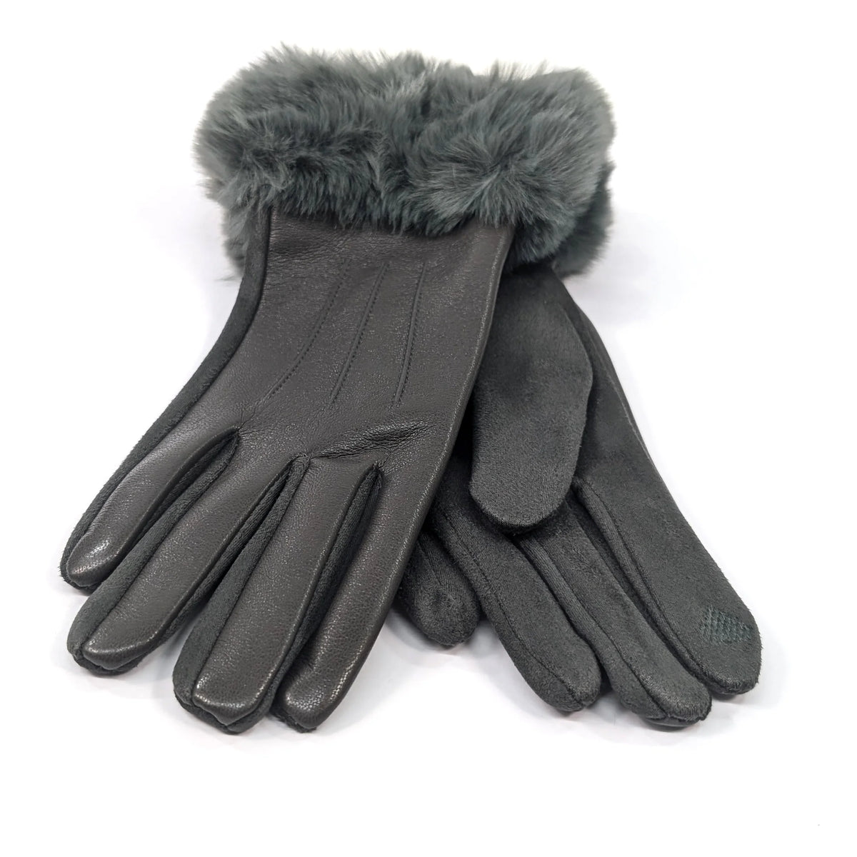 Faux Leather & Fur Gloves | Grey