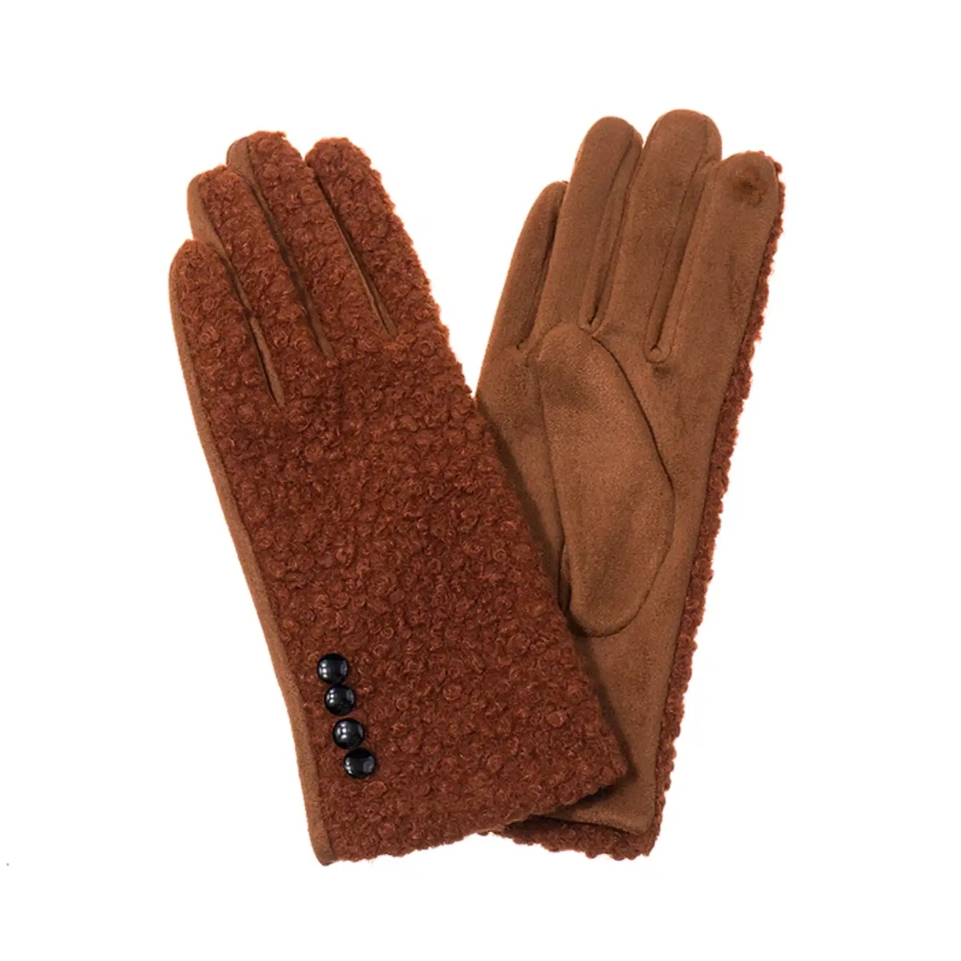 Brown gloves with faux suede one side and boucle on the other