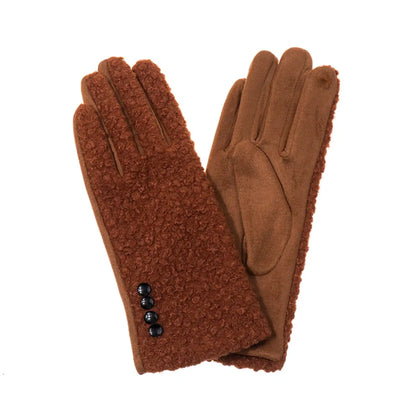 Brown gloves with faux suede one side and boucle on the other