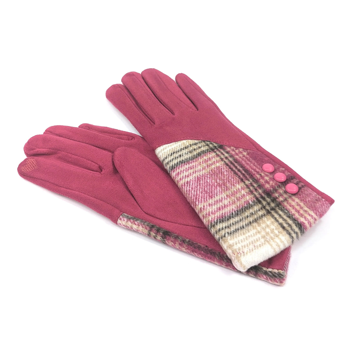 Faux Suede Button Cuff Gloves | Pink Check Plaid