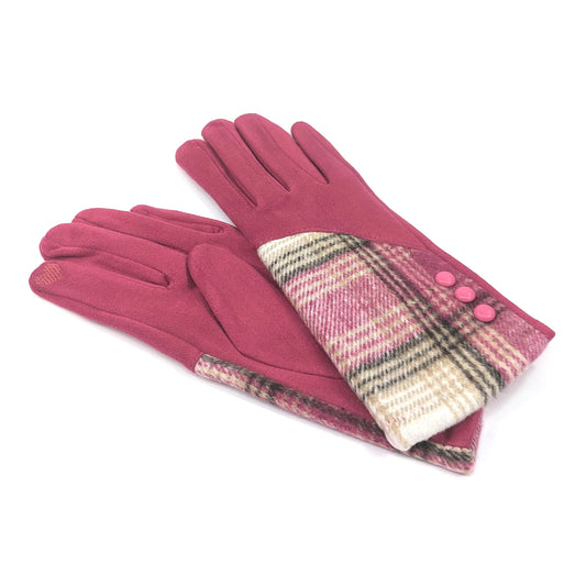 Faux Suede Button Cuff Gloves | Pink Check Plaid