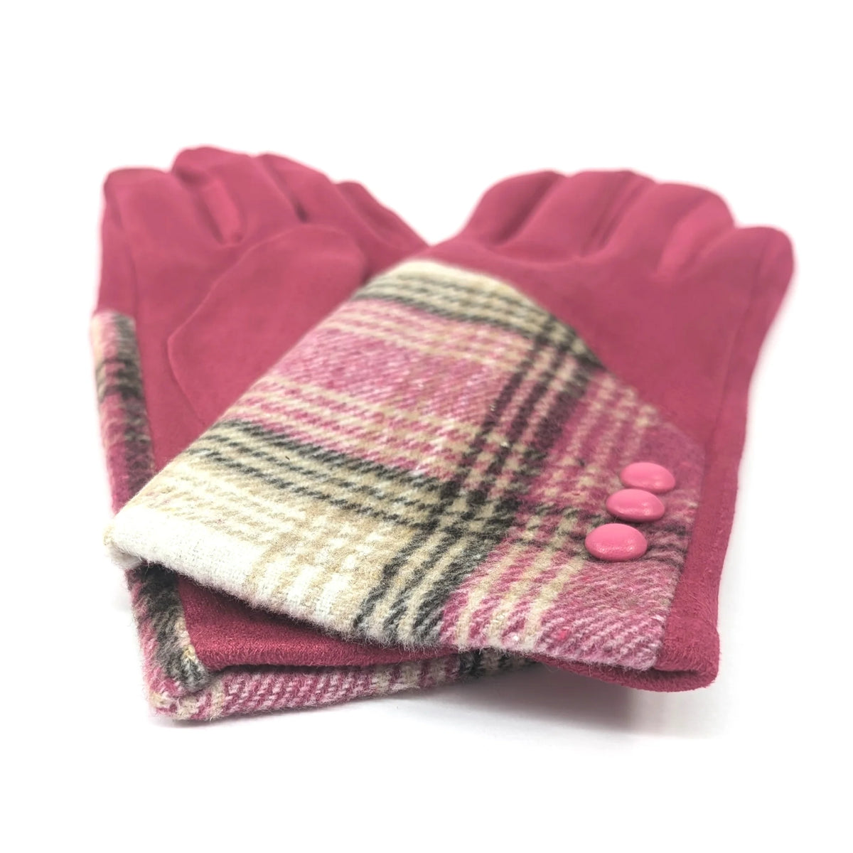 Faux Suede Button Cuff Gloves | Pink Check Plaid