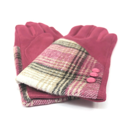 Faux Suede Button Cuff Gloves | Pink Check Plaid