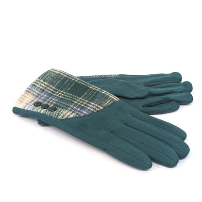 Faux Suede Button Cuff Gloves | Teal Check Plaid