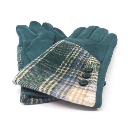 Faux Suede Button Cuff Gloves | Teal Check Plaid