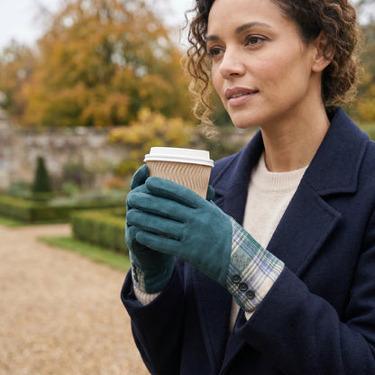 Faux Suede Button Cuff Gloves | Teal Check Plaid