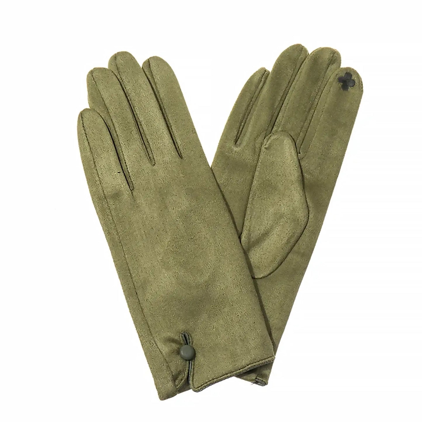 Green suede gloves with single button detail on the cuff and touch screen finger