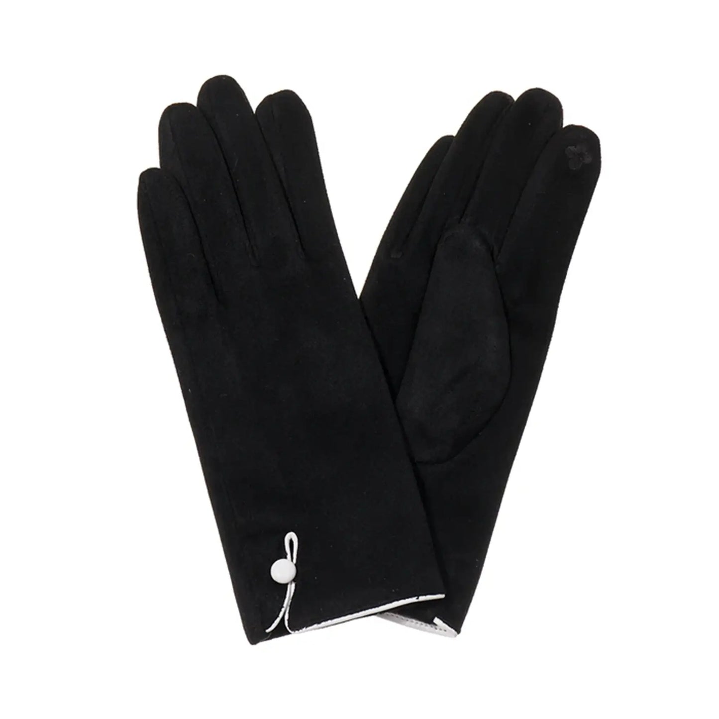 Black suede gloves with single button detail on the cuff and touch screen 