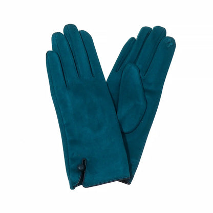 Teal suede gloves with single button detail on the cuff and touch screen finger