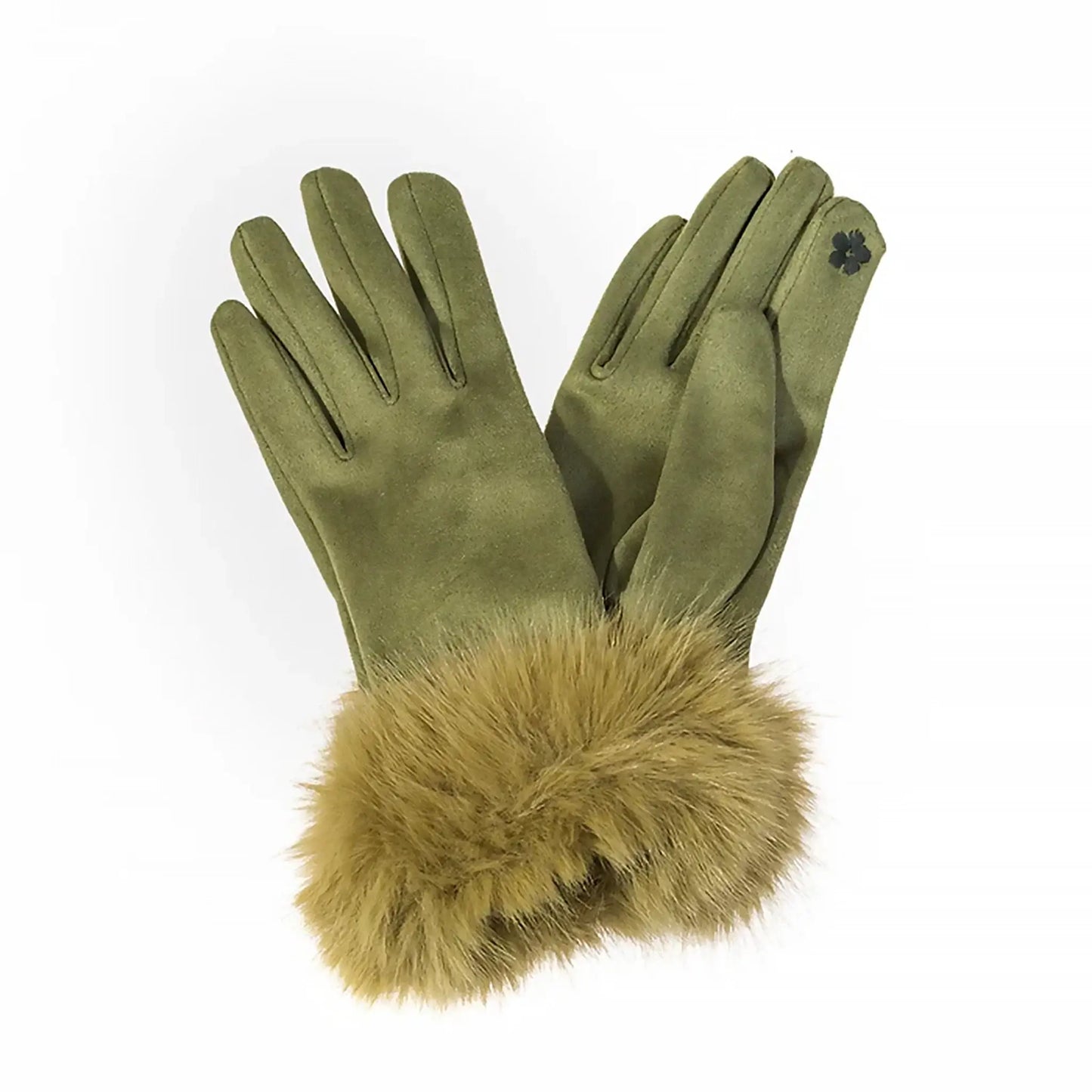 Pair of faux suede gloves with fur cuffs in green