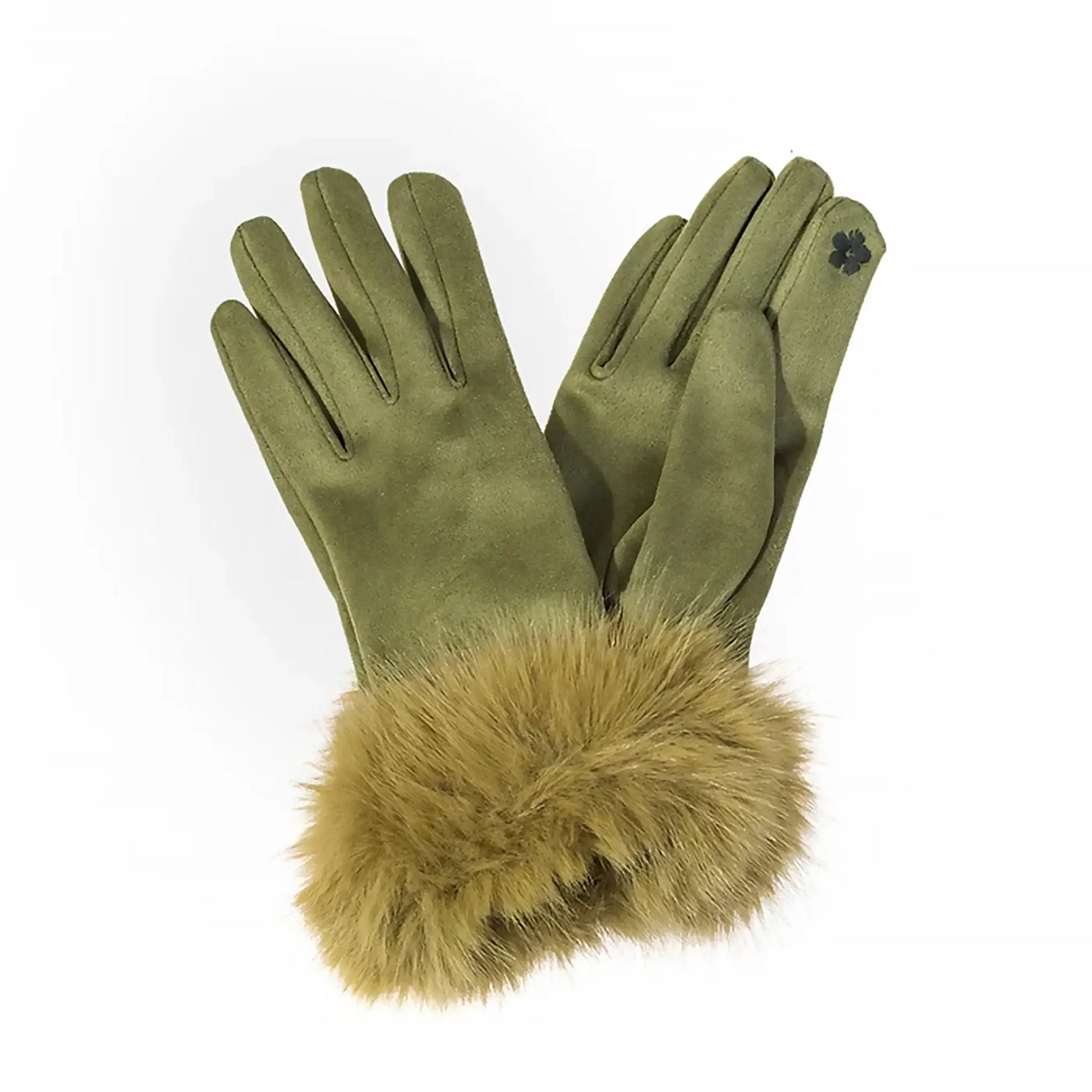 Pair of faux suede gloves with fur cuffs in green