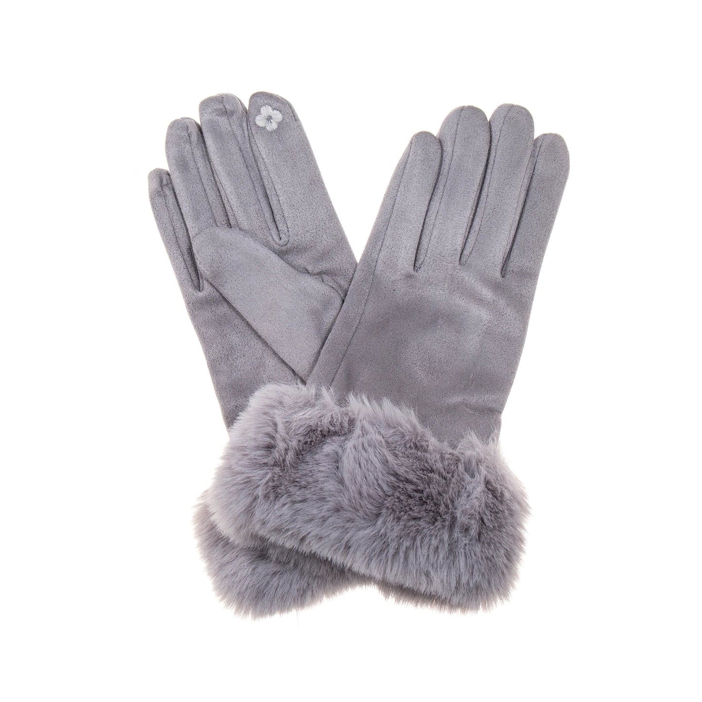 Pair of faux suede gloves with fur cuffs in dove grey