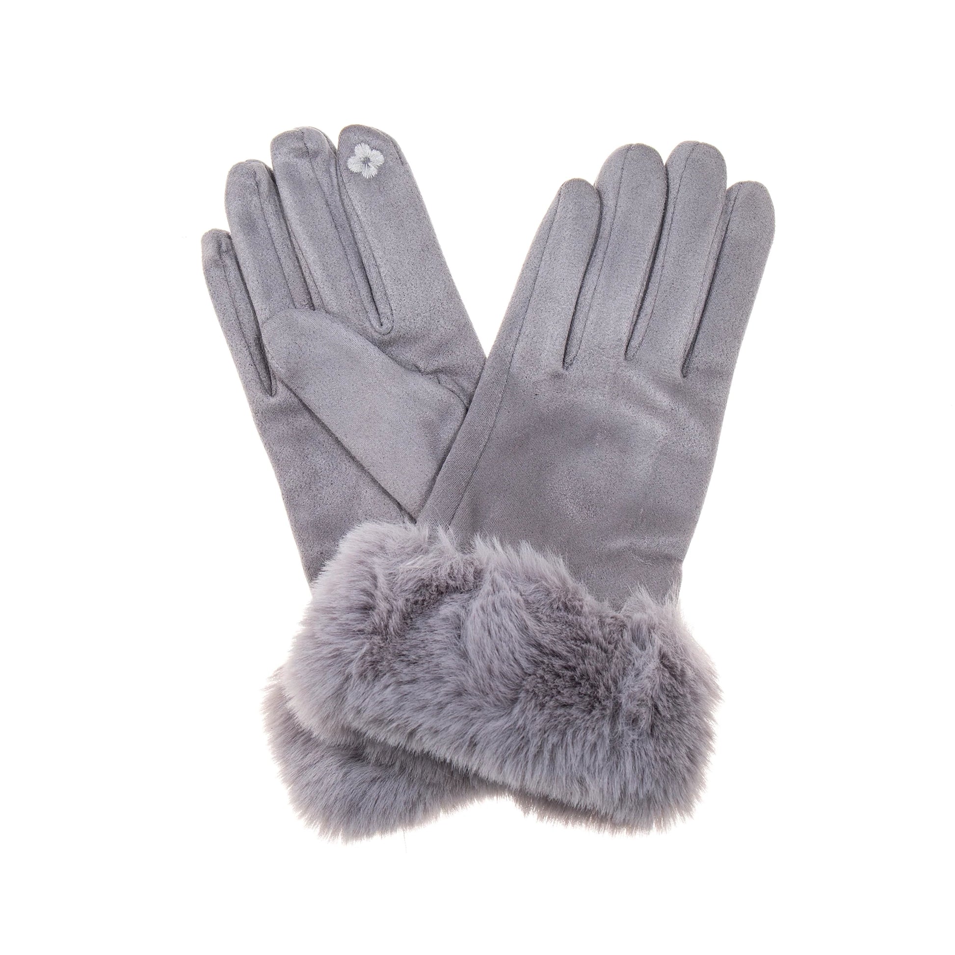 Pair of faux suede gloves with fur cuffs in dove grey