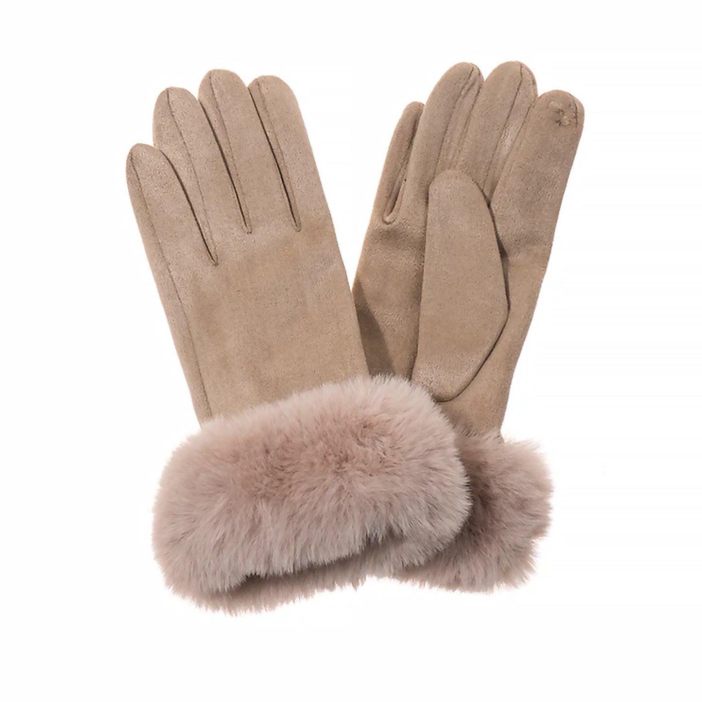 Pair of faux suede gloves with fur cuffs in linen