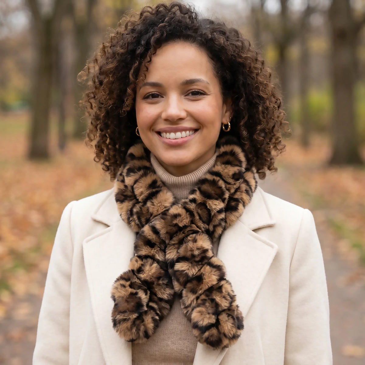 Faux Fur Corkscrew Collar Scarf | Brown Animal Print